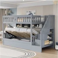 Merax Etagenbett mit hydraulischem Unterbett (1-St., Stockbett Jugendbett Doppelbett Hochbett aus Massivholz), Kinderbett 90x200cm mit Stauraumtreppe, Regalen & Sicherheitsgeländer