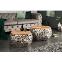 riess-ambiente Couchtisch STONE MOSAIC Ø65cm silber / natur (Set, 2-St., 2x Couchtisch), Wohnzimmer · Metall · Massivholz · rund · Mosaik Design · handmade