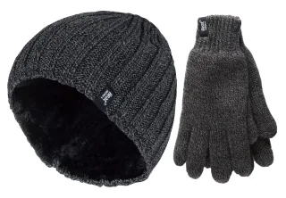 Herren Thermomütze & Handschuh Set für den Winter | Wärmespeicher | Fleece gefüttert - Grau