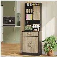HOMCOM Mehrzweckschrank Küchenschrank mit 3 Türen, Schublade, Vitrinenschrank (Hochschrank, 1-St., Buffetschrank) mit Kabelmanagementloch, Naturholz+Schwarz