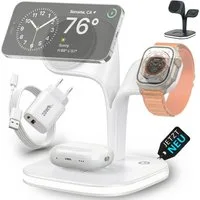 GreenHec Ladestation 3in1 MagSafe Ladegerät Kabellos Induktiv Charger Stand Wireless Charger (3 mA, Spar-Set, 3in1 PowerBase + USB-C Kabel + 20w Dual Charger, iPhone 17 16 15 14 13 12 Pro Max Air, Airpods, Apple Watch Wireless)