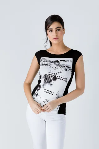 Schwarzes Print-Detail-Cap-Ärmel-Top