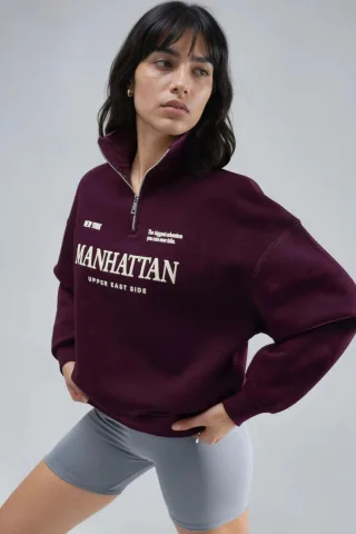 Oversized-Textdruck-Reißverschlusskragen-Sweatshirt