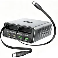 ibettertec 6-in-1 USB-C Ladestation mit 2 integrierten Einziehkabeln Smartphone-Kabel, 2 USB-C- und 2 USB-A-Anschlüssen für Smartphone, Tablet und Laptop