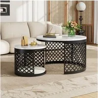 HAUSS SPOLE Couchtisch rund 2-teilig,Kaffeetisch Beistelltisch mit Marmoroptik Tischplatte (Sofatisch Beistelltisch 2-in-1 Design für Wohnzimmer, 70×70×45 und 45×45×35), Nesting System Ablagetisch mit Marmoropti