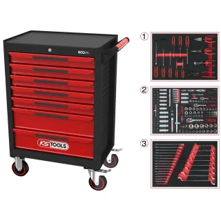 KS Tools ECOline SCHWARZ-ROT Werkstattwagen mit 7 Schubladen und 215 Premium-Werkzeugen - 897.7215