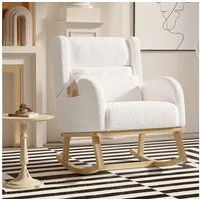 FUROKOY Schaukelsessel Schaukelstuhl mit Massivholzfüßen, für Schlafzimmer (Set, 1-St), 2 Seitentaschen,1 Lendenkissen,Teddystoff,Weiß