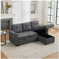 Merax Schlafsofa L-förmiges Ecksofa mit LED-Ambiente & USB/Typ-C, 208×146×89,5 cm 1 Teile, 3-in-1 Klappsofa mit verstecktem Stauraum,Getränkehalter,Seitentaschen