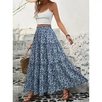 DEBAIJIA Midirock Damen Maxirock Sommer Floral Gedruckt Elegant Lange Röcke