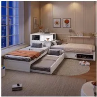 Merax Kinderbett 90x200cm mit Ausziehbett, L-förmiges Plattformbett (1-tlg., Jugendbett Dreibettbett Gästebett), Kiefernholz Jugendbett mit Schiebetür-Stauraum & LED-Nachtlicht