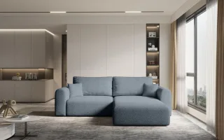 Ecksofa Sofa FLAVIO mit Schlaffunktion Stoff Abriamo Graublau Ottomane Rechts