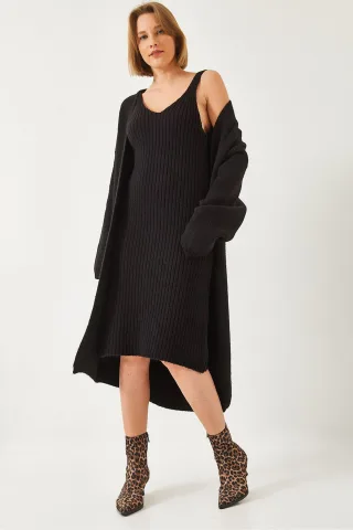 Texturiertes Strickwaren V-Ausschnitt Cardigan-Kleid Zwei-Teile-Set