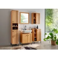Woodroom Badmöbel-Set Sevilla, (Komplett-Set, 5-St., Kiefer massiv eichefarbig lackiert mit schwarzen Akzenten), Bad, Badmöbel, Badezimmer Möbel