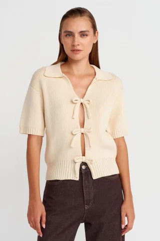 Damen Rippstrick-Acryl-Polo-Cardigan mit Bindeband vorne