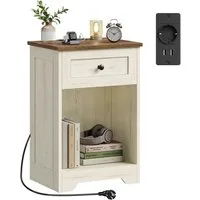 VASAGLE Nachttisch Beistelltisch aus Holzspanplatte, Landhausstil für Schlafzimmer, mit Steckdose, USB-Anschlüssen und Schublade, 40 x 30 x 59 cm