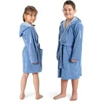KangaROOS Kinderbademantel Dalia, Ideal für Zuhause, Schwimmbad oder im Urlaub, Langform, Veloursfrottier, Kapuze, Gürtel, Uni-Farben mit Streifen
