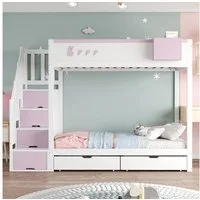 Flieks Etagenbett, Kinderbett 90x200cm mit 2 Schubladen, Stauraumtreppe, abnehmbarer Box