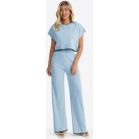 Imily Bela Hausanzug Damen 2-teiliges Strick-Set mit Kontrastbesatz (Set, 2 tlg., Rippstrick-Oberteil + Palazzo-Hose) mit KontrastpaspelDetails