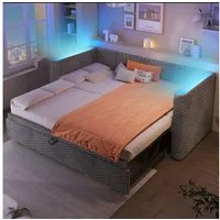 Merax Daybett 90×200cm/180x200cm mit LED-Lichtleiste & App-gesteuerter (Jugendbett Doppelbett Kinderbett, 1 tlg), Polsterbett Tagesbett Schlafsofa mit Ausziehbett und Lattenrost, Samt