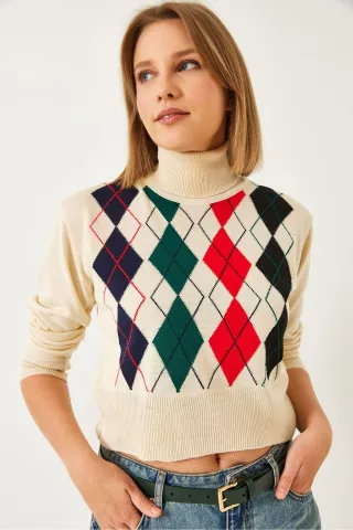 Geometrisches Jacquard-Turtleneck-Crop-Stricktop