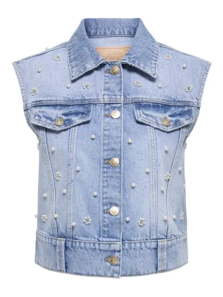 ONLY - Jeans-Weste mit Perlen und Ziersteinen blau - Gr. - S