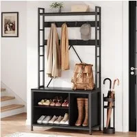 GarveeMore Garderobenständer 5-in-1 mit Schuhbank,3 Etagen Ablage und 8 Haken,178cm, mit Schuhschrank,verstellbare Füße,für Flure,Wohnzimmer,93x35x178cm