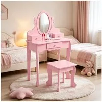GarveeMore Schminktisch mit Hocker & Spiegel & Schubladen für Kinderzimmer, rosa