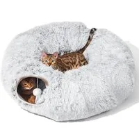 SURFOU Tierbett Katzentunnel mit Waschbarem Kissen Vielseitiges Spiel und Schlafplatz, plüschiges Material und integriertes Fenster, mit Schlafplatz & Spielspaß, Tierbett und Katzentunnel in einem