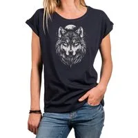 MAKAYA Print-Shirt mit Wolf Motiv für Damen Wolfskopf Viking Wikinger Top (Schwarz, Blau, Grau, Grün, 34, 36, 38, 40, 42, 44, 46, 48, 50) Baumwolle
