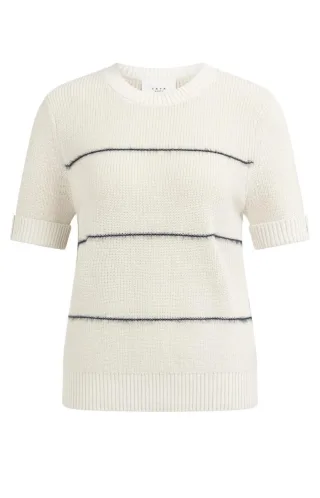Yaya - Kurzärmeliger Strickpullover mit flauschigen Streifen beige/blau - Gr. - XS