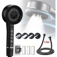 Refined Living Duschbrause Duschkopf mit Filter & Schlauch,4 Modi, Handbrause,Hochdruck Duschkopf, (Handbrause wassersparend mit 4 Strahlarten, Wassersparend, Massagebürste, Stoppfunktion, Handbrause Set für Badezimmer, Sparduschkopf gegen Kalk, Dusc
