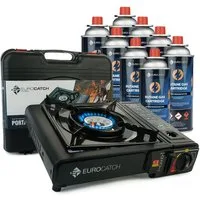 Eurocatch Fishing Gaskocher Eurocatch Camping-Gaskocher, (Set, 8-St., Gaskocher mit 8 Gaskartuschen und Transportkoffer), kompakt, integriertes Kartuschenfach, ohne Batterien verwendbar