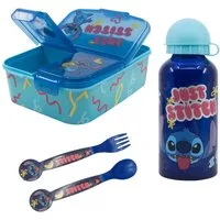Disney Lunchbox Disney Stitch 4 tlg. Lunch Set Brotdose mit 3 Kammern Alu-Trinkflasche, Kunststoff Alu, (4-tlg)