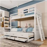 Merax Etagenbett 90x200 cm aus Kiefer mit Ausziehfunktion, Kinderbett mit Schubladen (3-St), Hochbett mit Lattenrost und Rausfallschutz, umbaubar in Einzelbetten