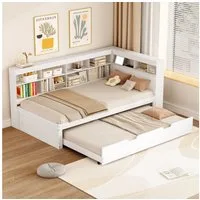 Flieks Massivholzbett, Einzelbett 90x200cm mit Stauraum, USB-Aufladen und Unterbett 90x190cm