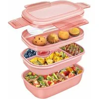 AURIVION Lunchbox Bento Lunchbox 1900ml mit Fächern & Besteck für Kinder & Erwachsene, Silikon, (Set, 4-tlg., 3-Schichten Brotdose mit Obstfach, auslaufsichere Salatbox), Lunchbox mit Cutlery, ideal für Schule, Arbeit & Reisen