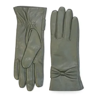 Damen-Fahrhandschuhe aus olivgrünem italienischem Leder mit weichem Wollfutter und Schleifendesign für den Winter