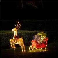 Lights4fun LED-Dekofigur Farbiges LED-Rentier mit Schlitten voller Geschenke, Weihnachtsbeleuchtung, Höhe Rentier: 100cm