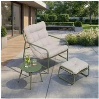 en.casa Gartenlounge-Set, (Set, 3-tlg., Gartenstuhl, Gartentisch, Fußhocker), »Trerdfjoa« Polsterkissen Metallgestell Hellgrün/Grau