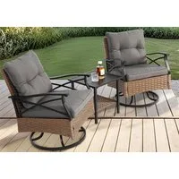 LVHOM Balkonset Outdoor-Loungeset, PE-Rattan Schaukelstuhl, (360° Swivel schwenkbar, 3-tlg. wetterfest, Gartenlounge-Set, Gartenbar-Set, Polstergarnitur, Schaukelsessel, 2 Sessel + Tisch, 150 kg Tragkraft, Grau), Ergonomische Sitzschalen, Schnell tro