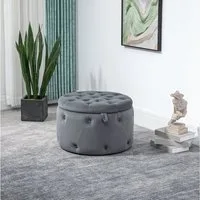 HOMCOM Sitzbank Sitzhocker mit Stauraum, Polsterhocker, Samtoptik und Knöpfen (Aufbewahrungshocker, 1-St., Sitztruhe), Grau, Ø60 x 40 cm