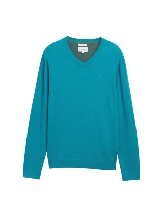 Tom Tailor - Strickpullover mit V-Ausschnitt aus Baumwolle turquoise blue melange - Gr. - L