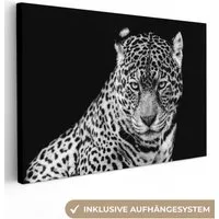 OneMillionCanvasses® Leinwandbild Leopard - Tiere - Schwarz - Weiß - Porträt, Fotodruck (1 St), Leinwand Bilder Klein, Wand Dekoration Aesthetic 30x20 cm