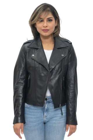 Damen-Bikerjacke aus schwarzem Leder – Tamale
