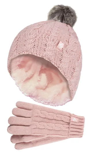 Wärmehalter - Mädchen Bommel Pom Pom Mütze und Handschuhe Set | Turn Over Cuff Hat & Cable Knit Gloves Style - Dusky Pink