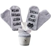 Lucadeau Kuschelsocken mit Spruch "bring mir Schoki", Geburtstagsgeschenk für Frauen (Cupcake Verpackung, 1 Paar) rutschfest, Gr. 36-43, Geschenke für Frauen, Geburtstagsgeschenk