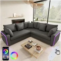 Merax Ecksofa mit LED-Beleuchtung und USB- & USB-C-Ladeanschluss, 198×198×83cm 1 Teile, L-förmiges Sofa Ecksofa, 5-Sitzer Couch mit Kissen, Cordstoff
