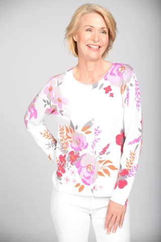 CLARINA - Rdh.-Cardigan, 1/1 Arm, Druck 450 pfirsich-geranie - Gr. - 44