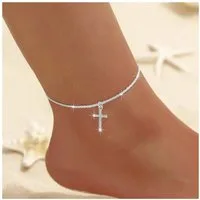 KARMA Fußkette mit Anhänger Fußkettchen Damen Kreuz Anhänger Strass Kristalle verstellbar (Silberfarben Geschenk für Frauen, 22+6 cm, Strass, Kristalle), Sommer Schmuck Fußschmuck