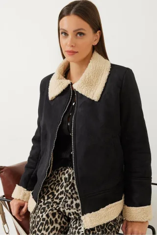 Faux-Suede Reißverschlussjacke mit Sherpa-Besatz